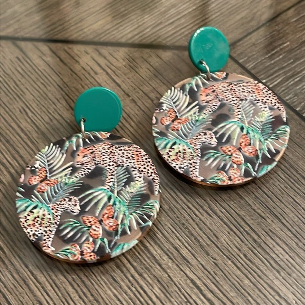 Round Jungle Print Dangle Earrings Safari Tropical Design